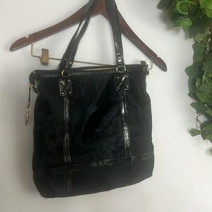 IMAN Faux Fur Glitter Outer Genuine Leather Tote Crossbody tote Bag Black​